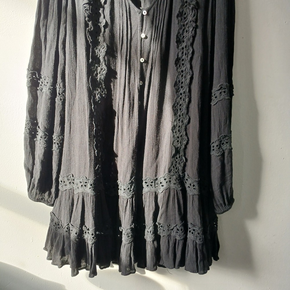 Free People Size Small Snow Angel Mini Dress Black Long Sleeve Bohemian Slip - Picture 4 of 13
